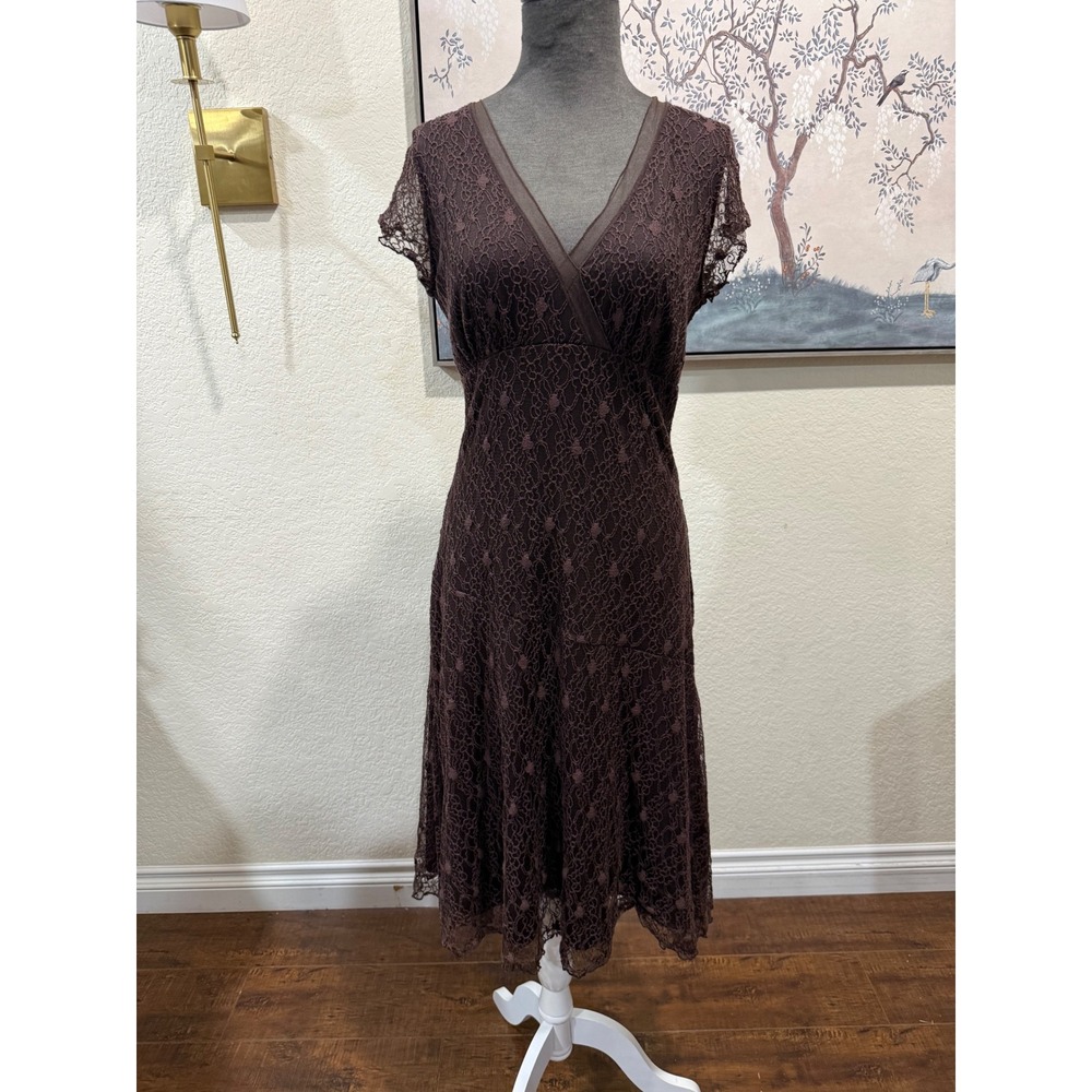 Papillon Blanc Brown Lace V-Neck Midi Dress Short Sleeve Cocktail Size L 9079